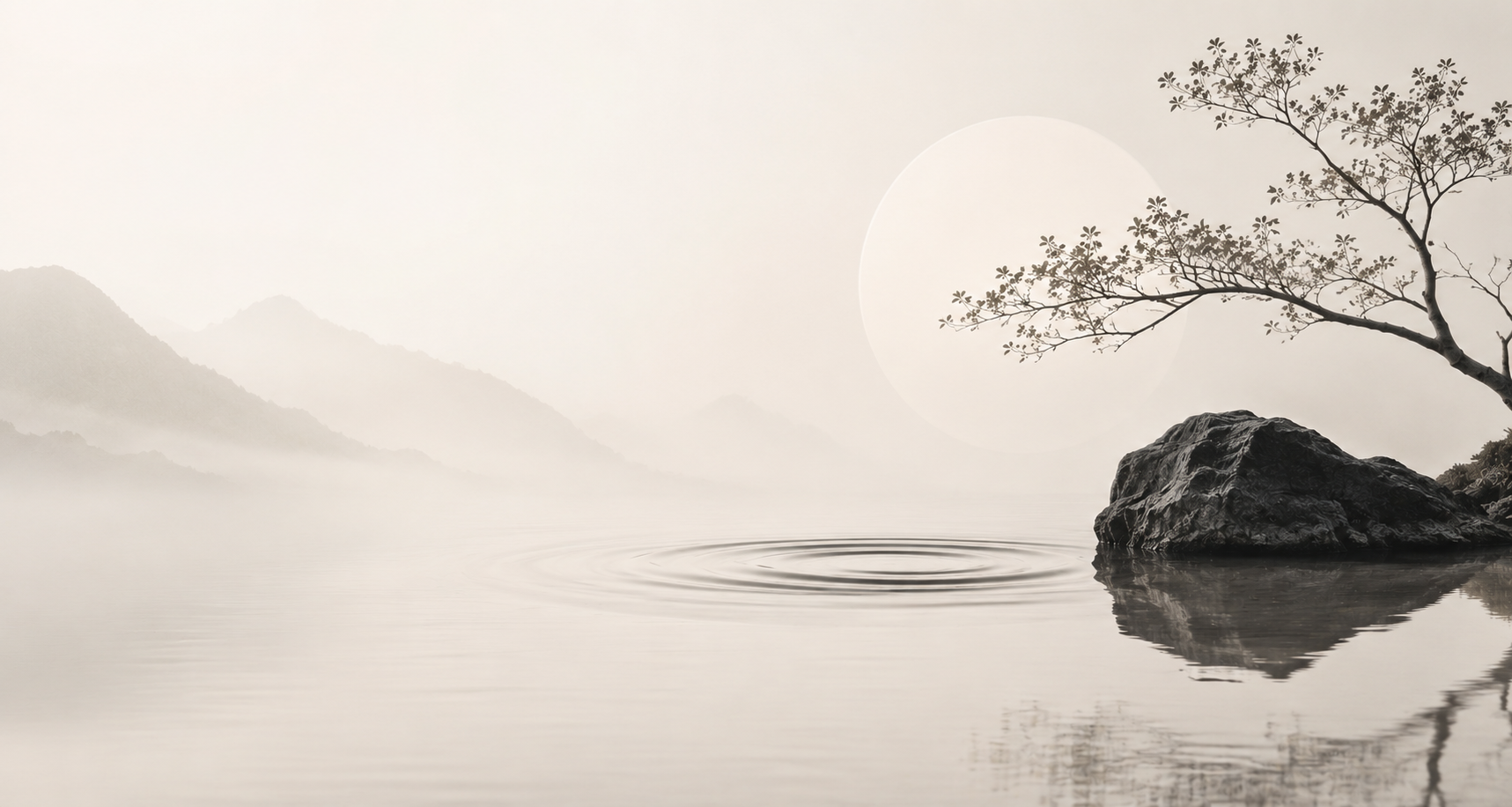 Quiet ink landscape background for GOZEN AI Lab