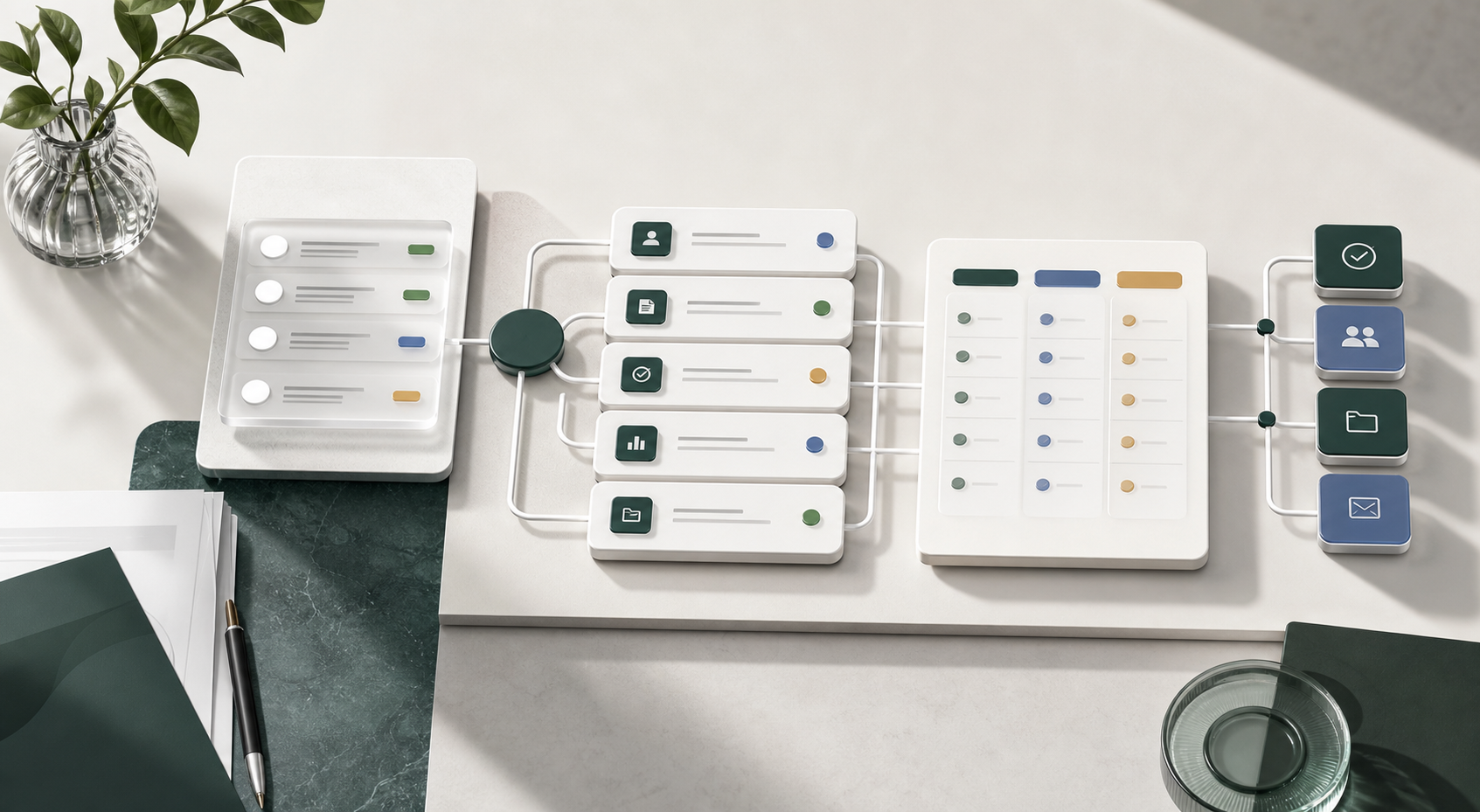 Business workflow decision map with abstract software panels, comparison columns, and routing lines